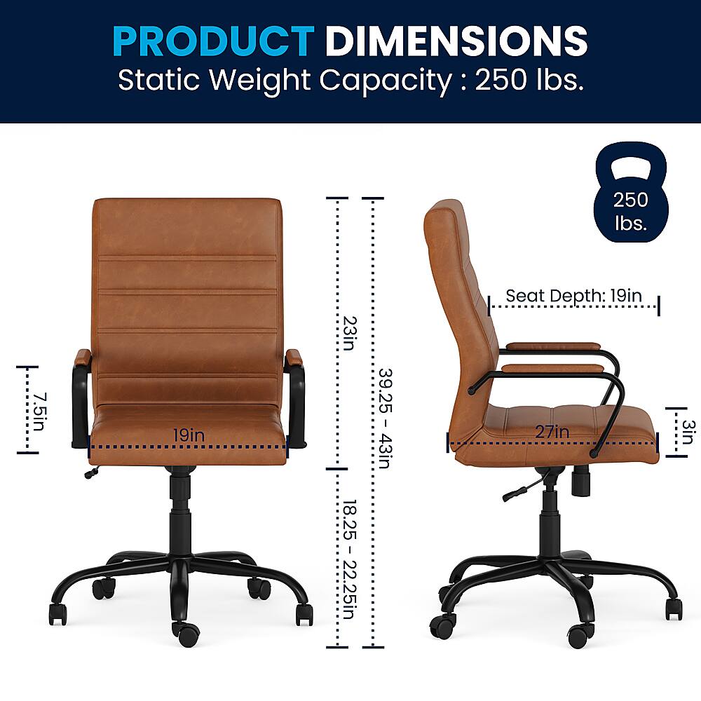 The image features two brown office chairs with a leather finish. The chairs are shown in a side-by-side view, and their dimensions are provided. The static weight capacity of the chairs is 250 lbs. The seat depth for both chairs is 19 inches, and the overall dimensions are 39.25 x 43 inches.