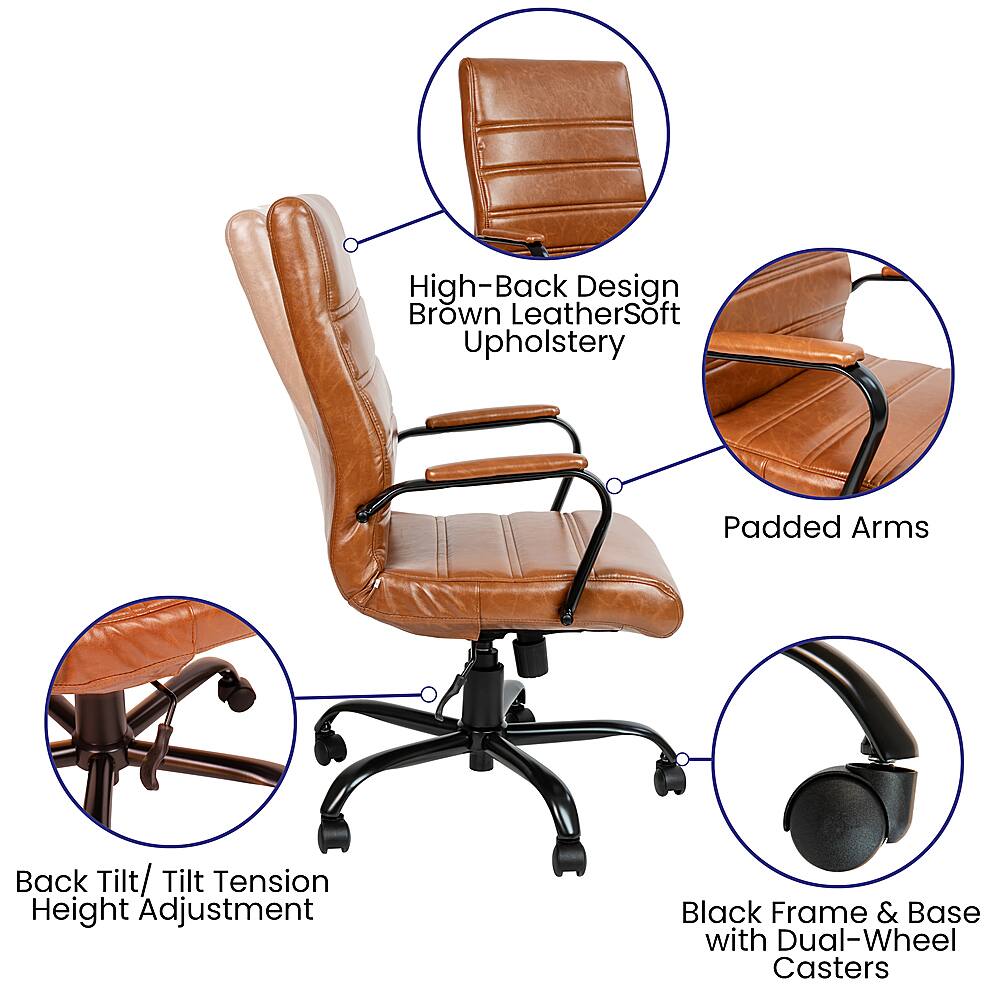 The image features a brown leather office chair with a high-back design. The chair has a soft upholstery and padded arms, providing comfort and support. The chair also has a back tilt and tension feature, allowing for adjustable support and ergonomic positioning. The chair is equipped with a height adjustment mechanism, making it suitable for people of different heights. Additionally, the chair has a black frame and base with dual-wheel casters, providing smooth and easy movement.