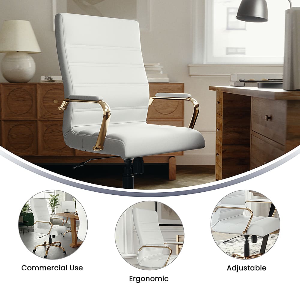 The image features a white office chair with a wooden desk and a lamp nearby. The chair is described as a commercial use chair, which suggests that it is designed for long hours of use in a professional setting. The chair is also described as ergonomic, which means it is designed to provide comfort and support for the user's body, reducing the risk of strain or injury. Additionally, the chair is adjustable, allowing the user to customize the position of the chair to suit their needs and preferences.