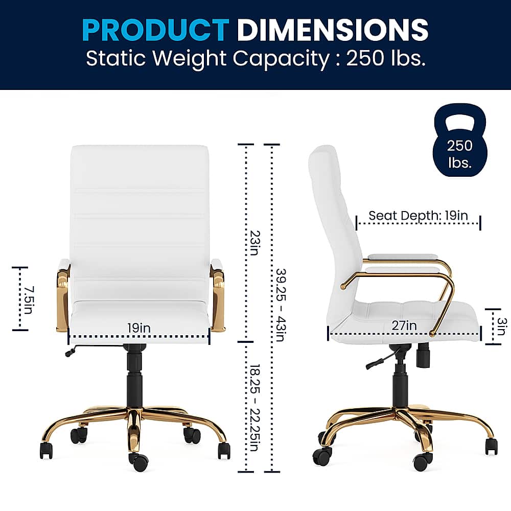 The image features a white chair with a black base, showcasing its dimensions and weight capacity. The chair has a seat depth of 19 inches and a static weight capacity of 250 lbs. The dimensions of the chair are 7.5 inches in height, 23 inches in width, and 39.25 inches in length. The chair is designed to accommodate a wide range of users and provide comfort and stability.