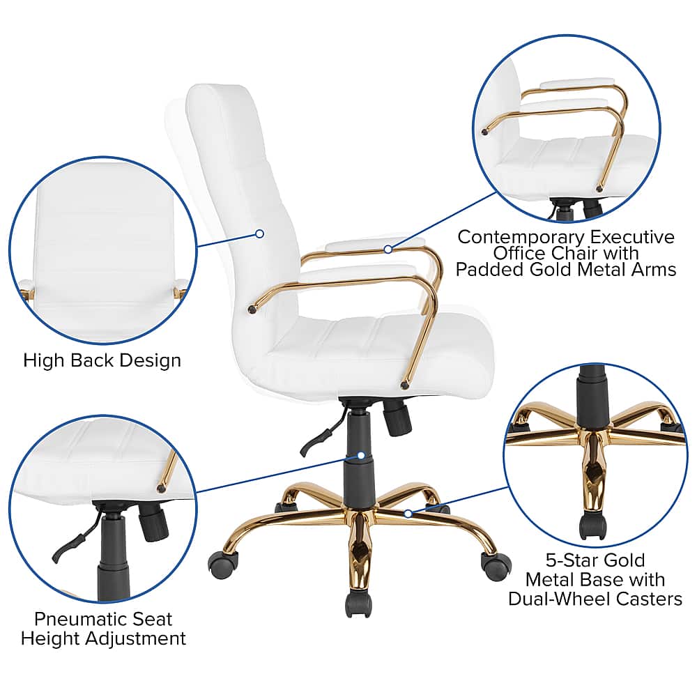 The image features a white chair with gold metal arms, which is described as a contemporary executive office chair. The chair has a high back design and is equipped with a pneumatic seat height adjustment, allowing for comfortable use. The chair is also supported by a 5-star gold metal base with dual-wheel casters, providing stability and ease of movement.