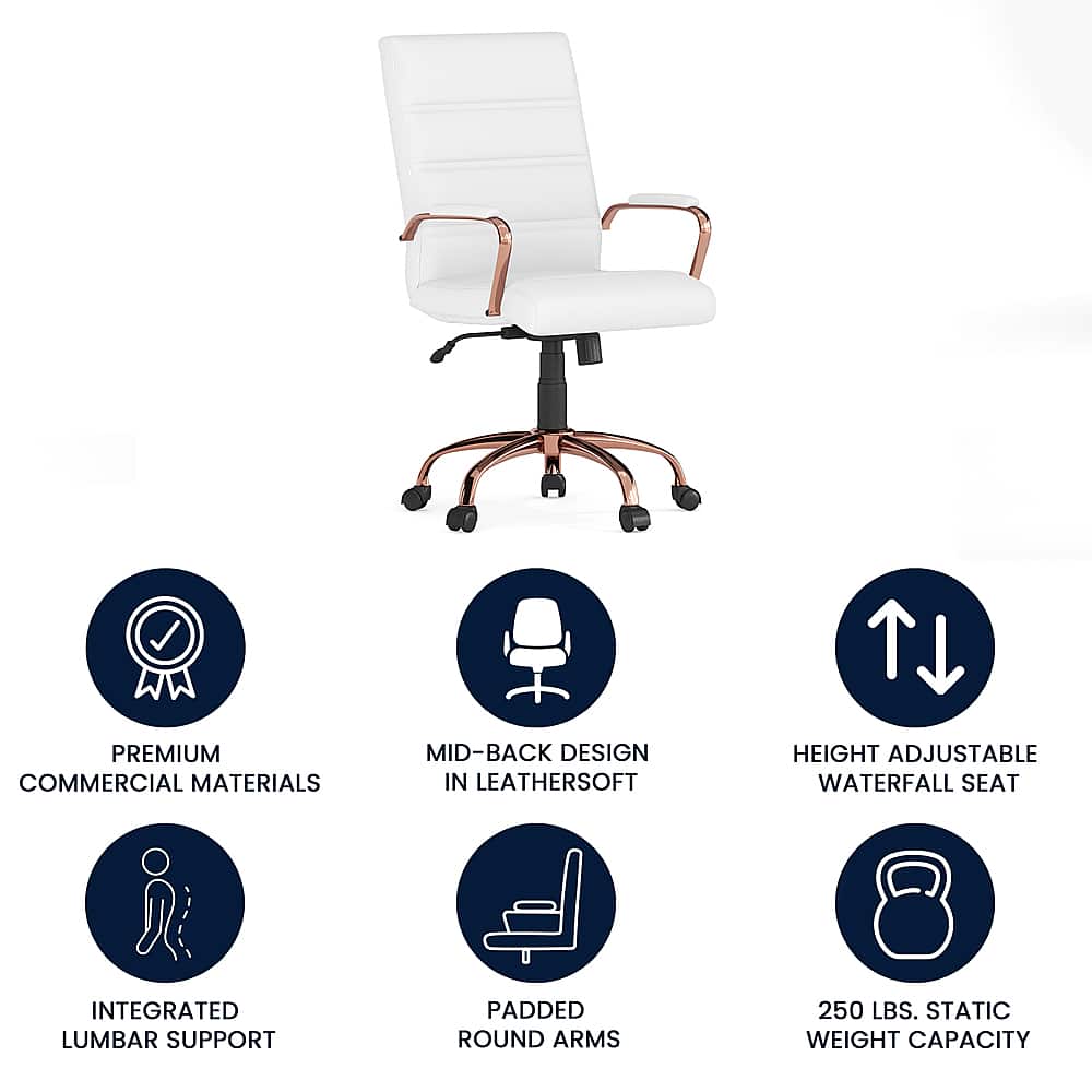 The text on the image is grouped and corrected as follows:
1. Premium commercial materials
2. Mid-back design in Leathersoft
3. Height adjustable waterfall seat
4. Integrated lumbar support
5. Padded round arms
6. 250 lbs. static weight capacity
These descriptions highlight the features and benefits of the office chair, making it an attractive option for businesses and individuals seeking a comfortable and functional seating solution.