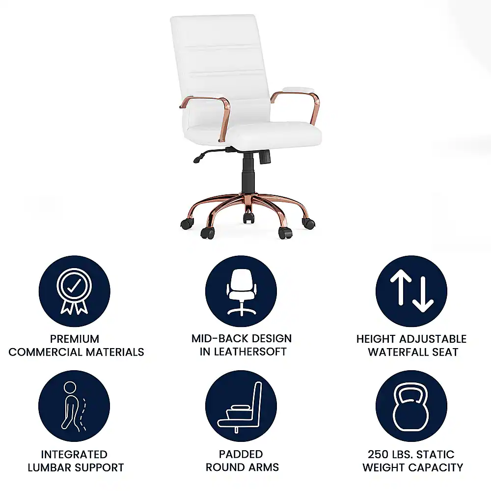 The text on the image is grouped and corrected as follows:

1. Premium commercial materials
2. Mid-back design in Leathersoft
3. Height adjustable waterfall seat
4. Integrated lumbar support
5. Padded round arms
6. 250 lbs. static weight capacity

These descriptions highlight the features and benefits of the office chair, making it an attractive option for businesses and individuals seeking a comfortable and functional seating solution.