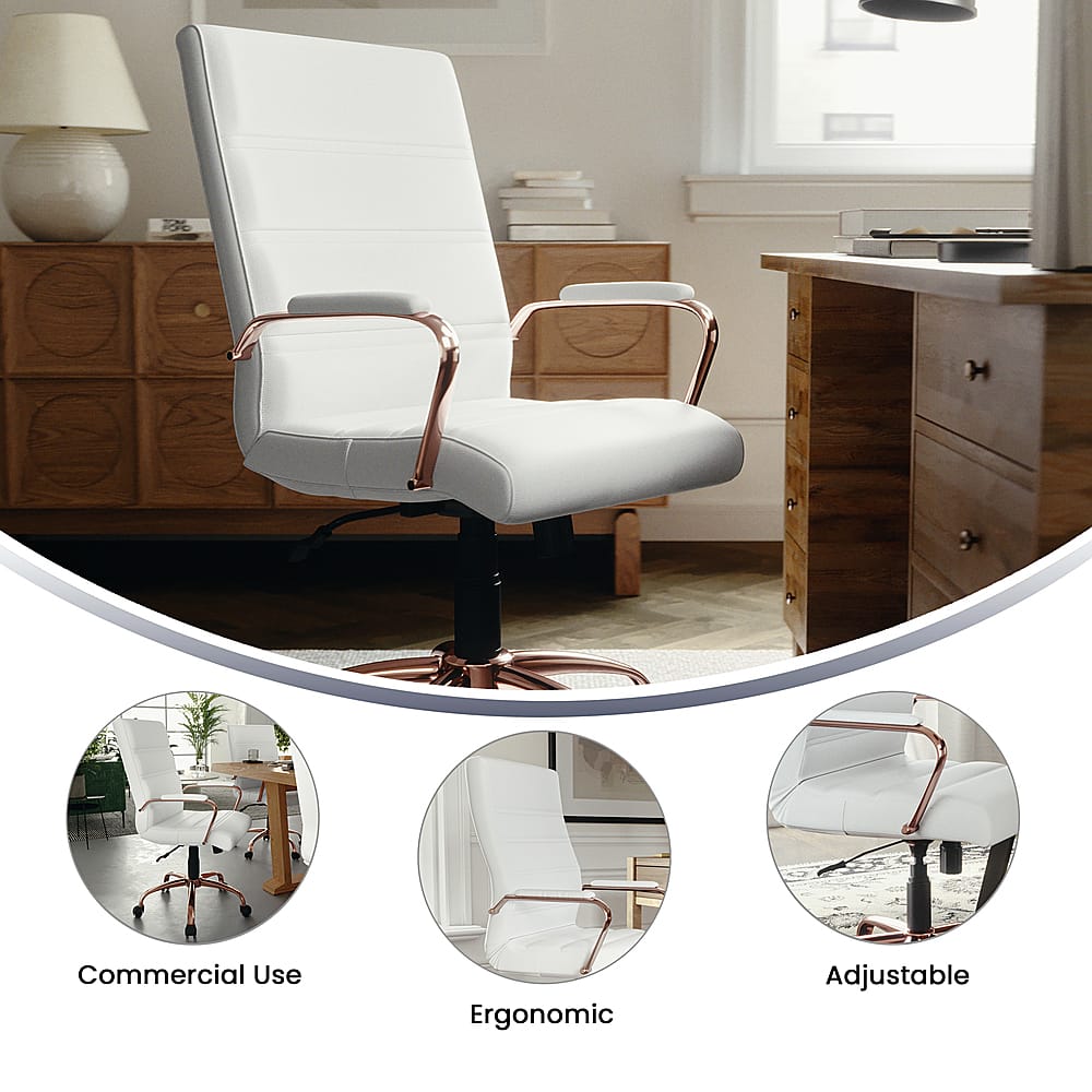 The image showcases a white chair with a wooden frame and a leather seat. The chair is designed for commercial use and is ergonomic, providing comfort and support for the user. It also features an adjustable design, allowing the user to customize the chair's position to suit their needs. The chair is placed in a room with a desk and a TV, suggesting that it is used in a workspace or living area.