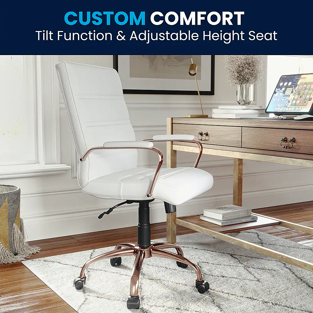The image showcases a white office chair with a custom comfort tilt function and adjustable height seat. The chair is placed on a wooden floor, and there is a laptop on a desk nearby. The scene also includes a book and a vase, adding to the overall office setting.