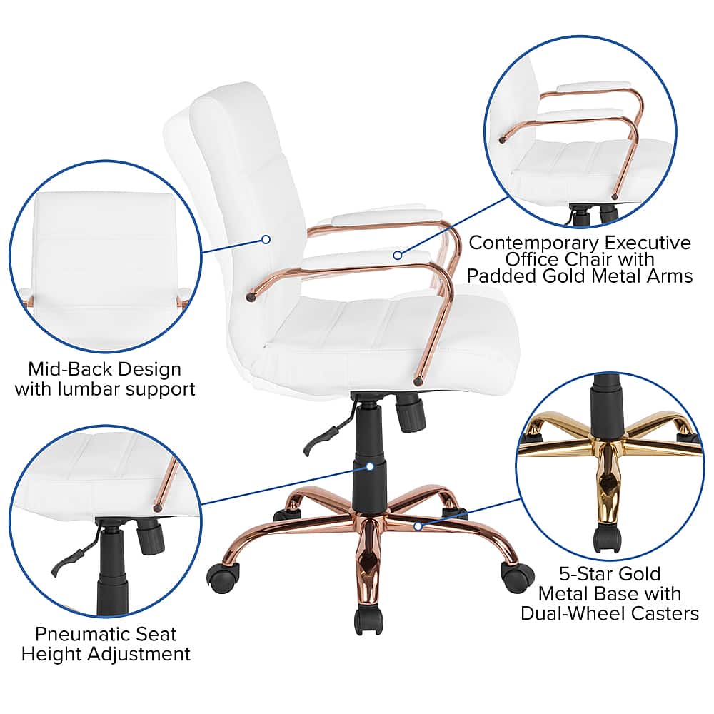 The image features a white office chair with a gold metal armrest, which is described as a "Contemporary Executive Office Chair." The chair has a mid-back design and includes lumbar support for added comfort. It also has a pneumatic seat height adjustment, allowing the user to adjust the chair's height to their preference. The chair is mounted on a 5-star gold metal base with dual-wheel casters, providing stability and ease of movement.