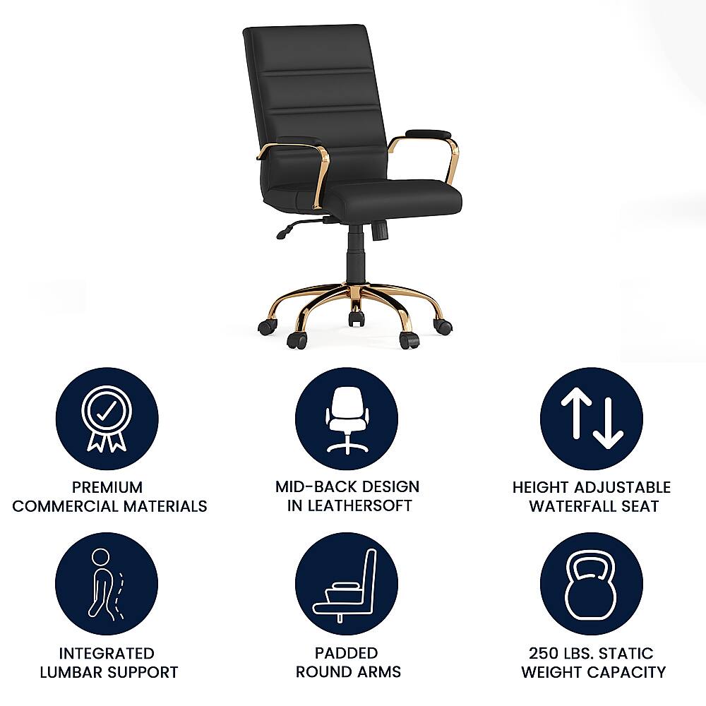 The image features a black office chair with a mid-back design, made of premium commercial materials. It is equipped with a height-adjustable waterfall seat, integrated lumbar support, and padded round arms. The chair has a weight capacity of 250 lbs, making it suitable for heavy-duty use in commercial settings.