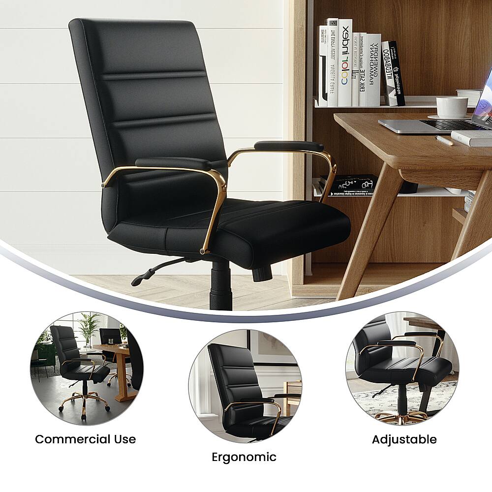 The image features a black office chair with a wooden desk and various books nearby. The chair is designed for commercial use and is ergonomic, allowing for adjustments to provide comfort and support. The desk is equipped with a laptop and a cup, indicating a workspace setup. The books surrounding the desk suggest that the user may be engaged in research, study, or work-related activities.