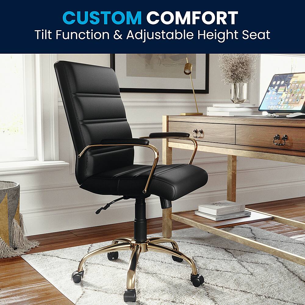 The image features a black office chair with a tilt function and adjustable height, which is part of the Custom Comfort line. The chair is placed on a carpeted floor, and there is a desk with a laptop and a keyboard nearby. The scene also includes a book and a vase, adding to the overall office setup.