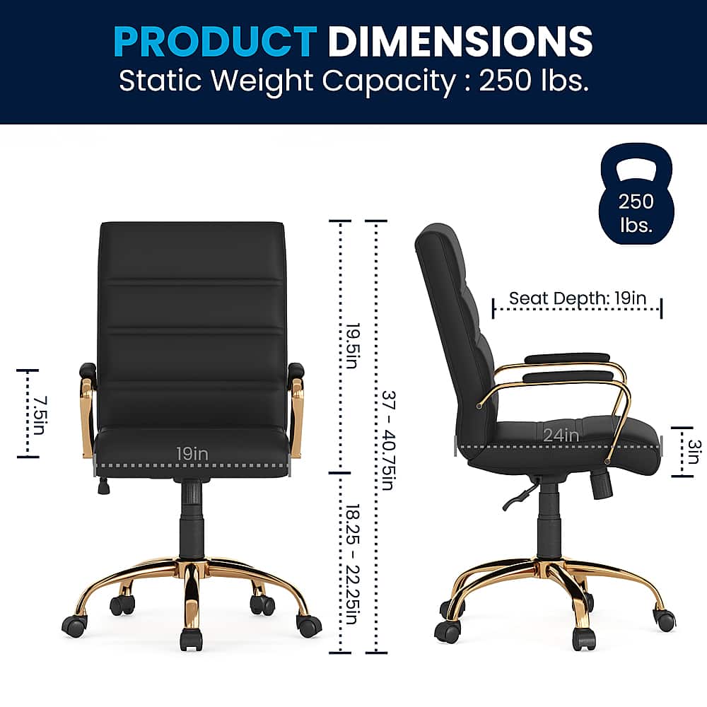 The image shows two chairs with a black seat and a gold frame. The chairs are displayed in a white background, and they are accompanied by a weight capacity chart. The chart indicates that the chairs have a static weight capacity of 250 lbs. Additionally, the chairs have a seat depth of 19 inches and a seat height of 19.5 inches. The chairs are designed to provide comfort and support for users, making them suitable for various settings, such as offices or homes.