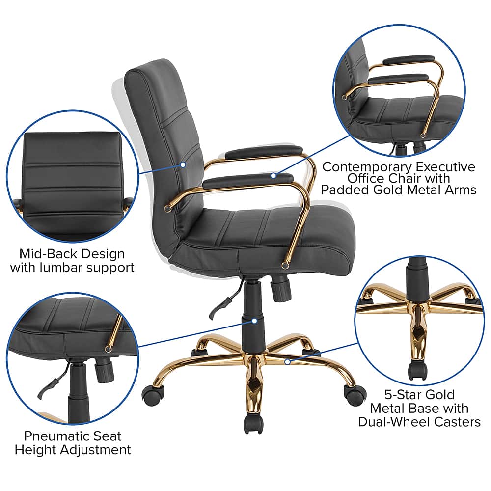 The image features a black office chair with a gold metal armrest. The chair has a mid-back design and offers lumbar support for added comfort. It is equipped with a pneumatic seat height adjustment, allowing for easy customization of the chair's height. The chair is mounted on a 5-star gold metal base, providing stability and durability. Additionally, the chair has dual-wheel casters for smooth and effortless movement.