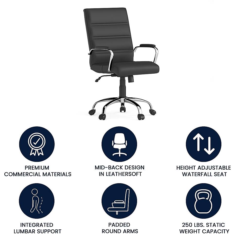 The image features a black office chair with a mid-back design, made of premium commercial materials. The chair is adjustable in height and has a waterfall seat for added comfort. It also includes integrated lumbar support and padded round arms, providing additional support and comfort for the user. The chair is designed to hold up to 250 lbs of static weight capacity, making it suitable for heavy-duty use in an office setting.