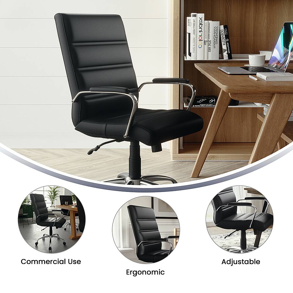 The image features a black office chair with a wooden desk and various books around it. The chair is positioned in front of the desk, and it appears to be a commercial use chair. The chair is also described as ergonomic and adjustable, suggesting that it is designed for comfort and support during long hours of work. The presence of multiple books on the desk indicates that the workspace is used for reading, studying, or research purposes.