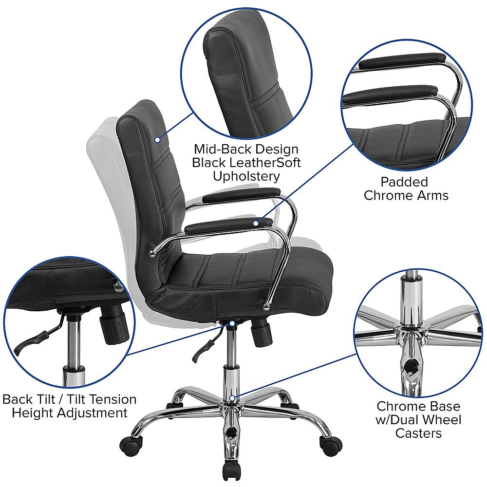 The image features a black office chair with a mid-back design and black leather upholstery. The chair has padded chrome arms, and it is equipped with a back tilt feature for added comfort. The chair also has a height adjustment feature, allowing the user to customize the chair's height to their preference. The chair is mounted on a chrome base with dual wheel casters, providing smooth and easy movement on the floor.