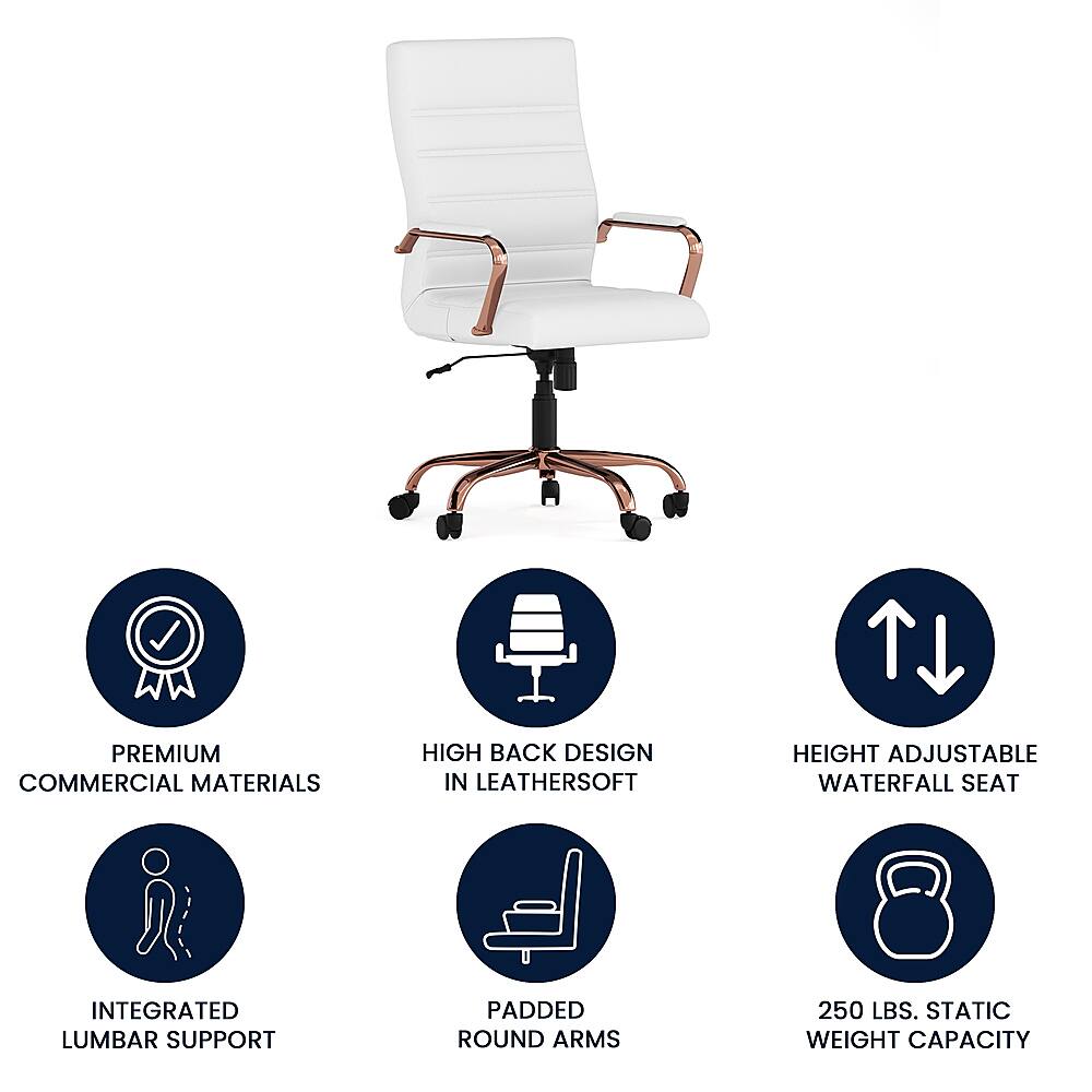 The image features a white office chair with a high back design in leathersoft. The chair is height adjustable and has a waterfall seat, providing comfort and support. The chair also includes integrated lumbar support and padded round arms, offering additional comfort and ergonomic support. The chair is made with premium commercial materials, ensuring durability and quality. The chair has a weight capacity of 250 lbs, making it suitable for heavy users.