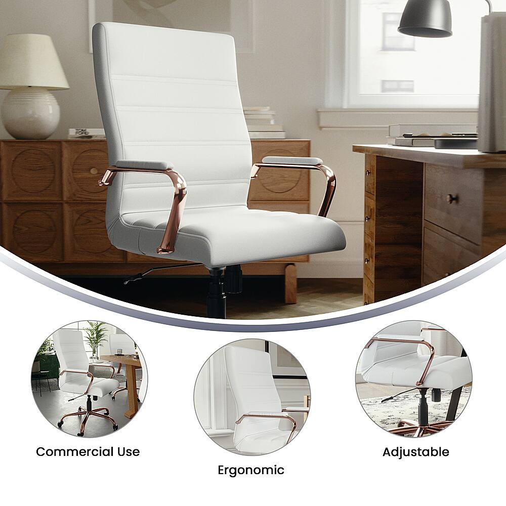 The image shows a white modern office chair with a wooden desk in the background. The chair has a metal frame and is placed in front of a window. The chair is described as being adjustable, ergonomic, and suitable for commercial use. The chair is also shown in different positions, such as sitting and standing, indicating its adjustability.