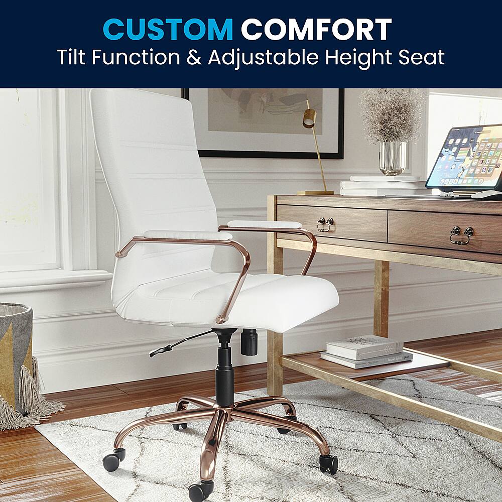 The image showcases a white office chair with a tilt function and adjustable height, which is part of the Custom Comfort series. The chair is placed on a hardwood floor, and there is a laptop on a desk nearby. The room also features a bookshelf with several books, a vase, and a potted plant. The scene suggests a comfortable and functional workspace.