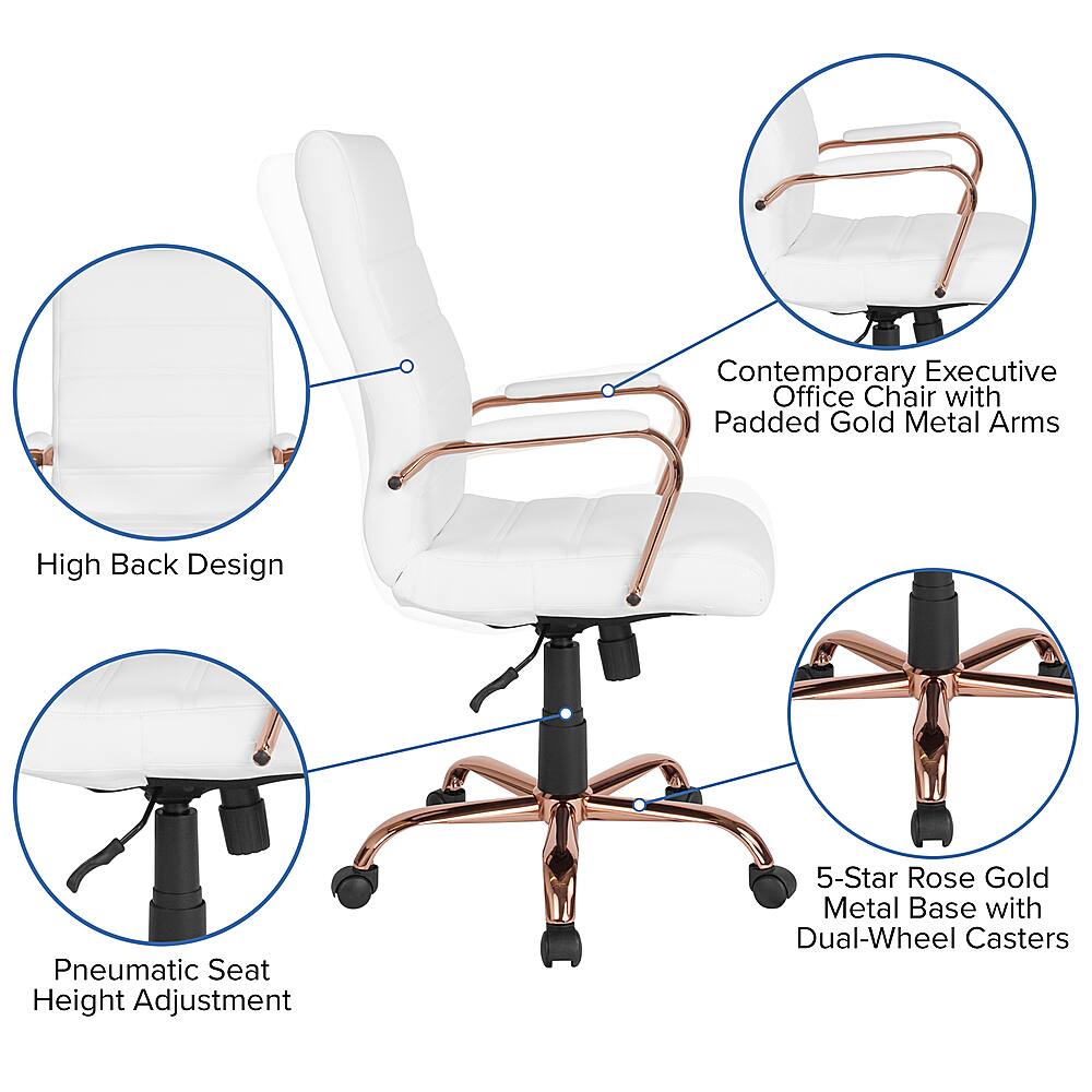 The image features a white office chair with a high back design and padded gold metal arms. The chair has a pneumatic seat height adjustment, allowing for easy customization to suit the user's preferences. The chair is also equipped with a 5-star rose gold metal base and dual-wheel casters for smooth and stable movement.