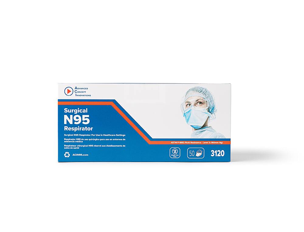 Back View: ACI N95 Surgical Respirator masks 50 pack - blue