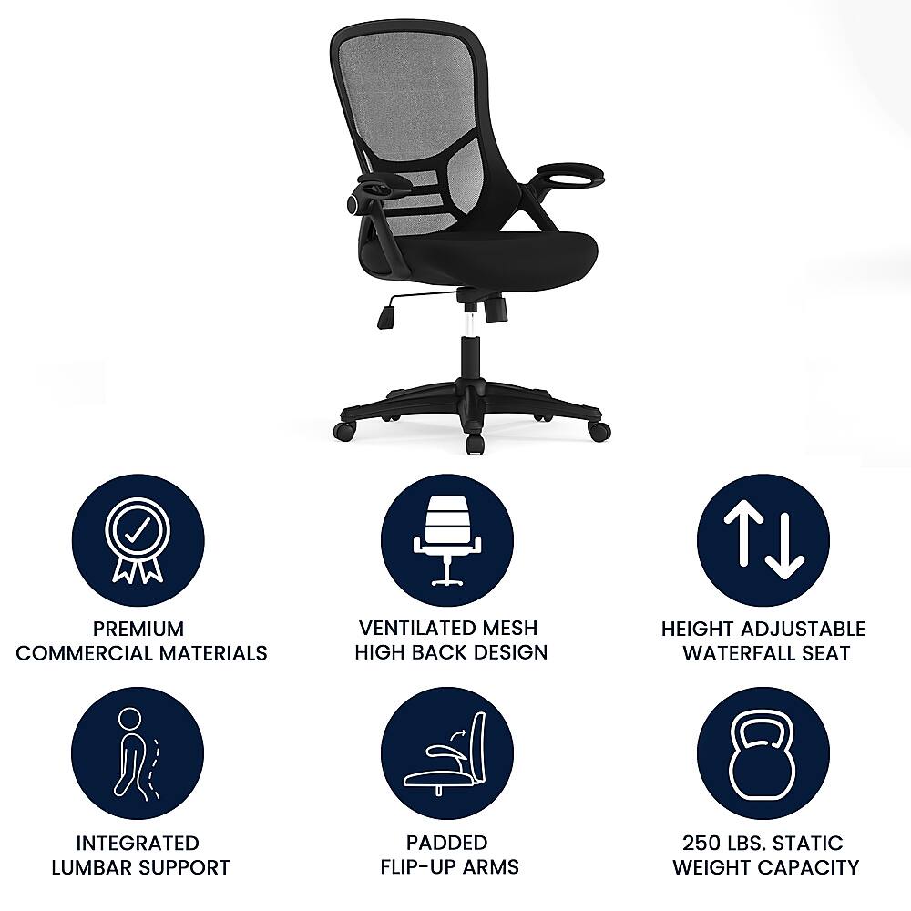 The image features a black office chair with a high back design. The chair is made of premium commercial materials and has a ventilated mesh design. It is also height adjustable, providing comfort and support to the user. The chair is equipped with integrated lumbar support and padded flip-up arms for added comfort and functionality. The chair has a weight capacity of 250 lbs, making it suitable for heavy users.