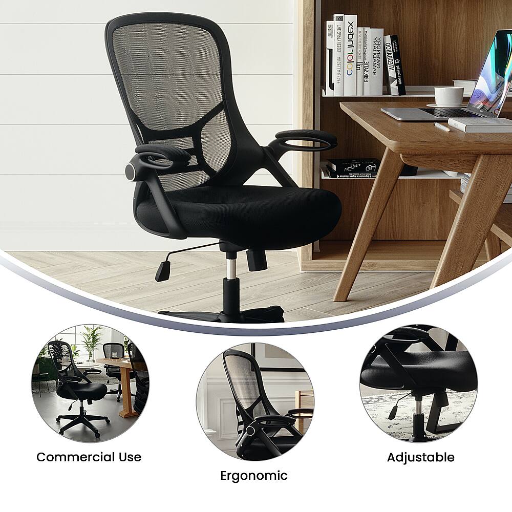 The image features a black office chair with a mesh back and wheels, placed in front of a wooden desk. The chair is positioned in various settings, including a home office, a commercial office, and a conference room. The chair is described as ergonomic, adjustable, and suitable for commercial use. The desk has a laptop, a keyboard, and a mouse on it, indicating that it is a workspace. There are also several books placed on the desk, suggesting that the user might be engaged in reading or research.