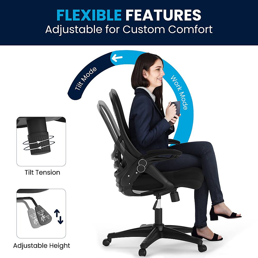 The image features a woman sitting in a black office chair with a blue background. The chair is designed with adjustable features for custom comfort, allowing the user to adjust the tilt, work mode, and tilt tension. Additionally, the chair has an adjustable height, providing flexibility and comfort for the user.