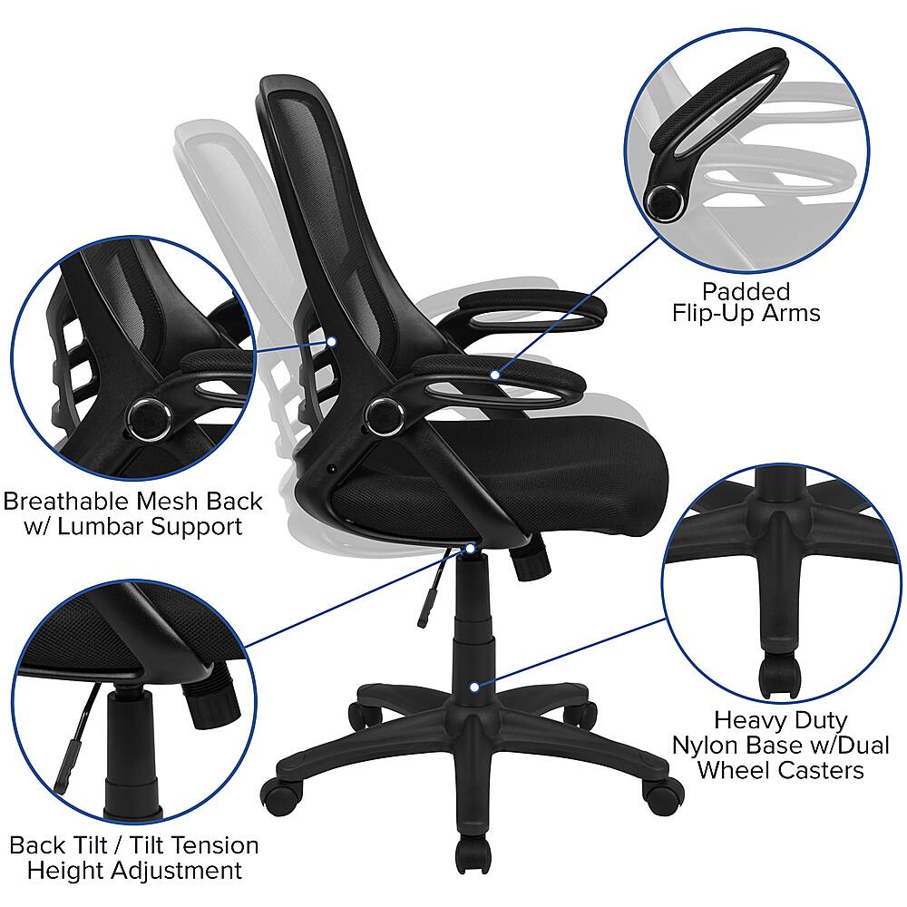 The image features a black office chair with various adjustments and features. It has a breathable mesh back with lumbar support, padded flip-up arms, and a heavy-duty nylon base with dual wheel casters. The chair also has a back tilt, tilt tension, and height adjustment options. The chair is designed to provide comfort and support for the user while working in an office environment.