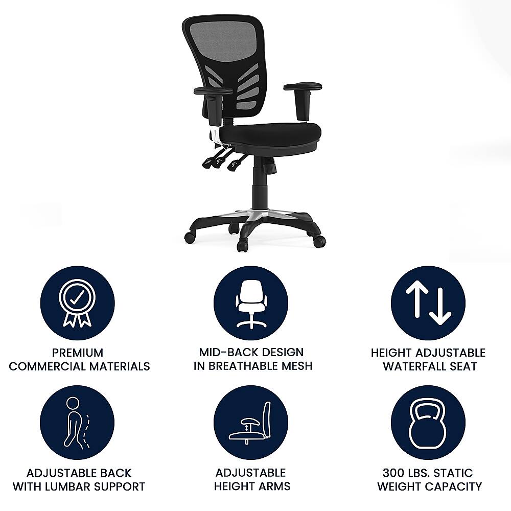 The text on the image is already grouped and correctly written. It reads:

PREMIUM COMMERCIAL MATERIALS MID-BACK DESIGN IN BREATHABLE MESH HEIGHT ADJUSTABLE WATERFALL SEAT ADJUSTABLE BACK WITH LUMBAR SUPPORT ADJUSTABLE HEIGHT ARMS 300 LBS. STATIC WEIGHT CAPACITY
