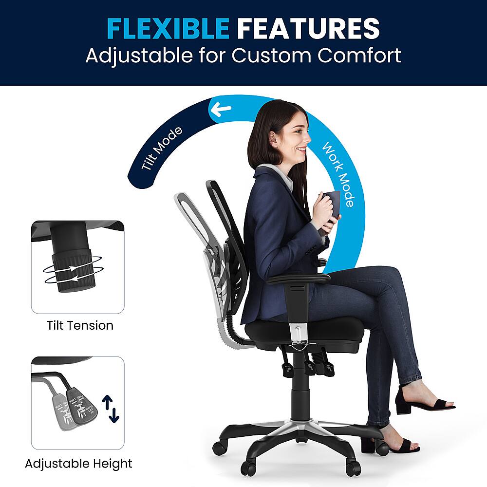 The image features a woman sitting in a chair with a blue shirt and black pants. The chair is designed with adjustable features for custom comfort, including a tilt work mode and tilt tension. The chair also has an adjustable height, allowing the user to find the most comfortable position. The woman is holding a cell phone, possibly using it for work or leisure purposes.