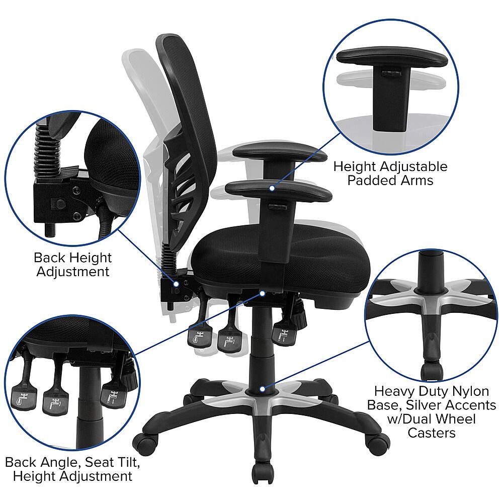 The image features a black office chair with a white backrest, which is labeled with various descriptions of its features. The chair is described as having a height-adjustable padded armrest, a back height adjustment, and a heavy-duty nylon base with silver accents and dual wheel casters. The chair also has a back angle and seat tilt adjustment for added comfort and ergonomics.