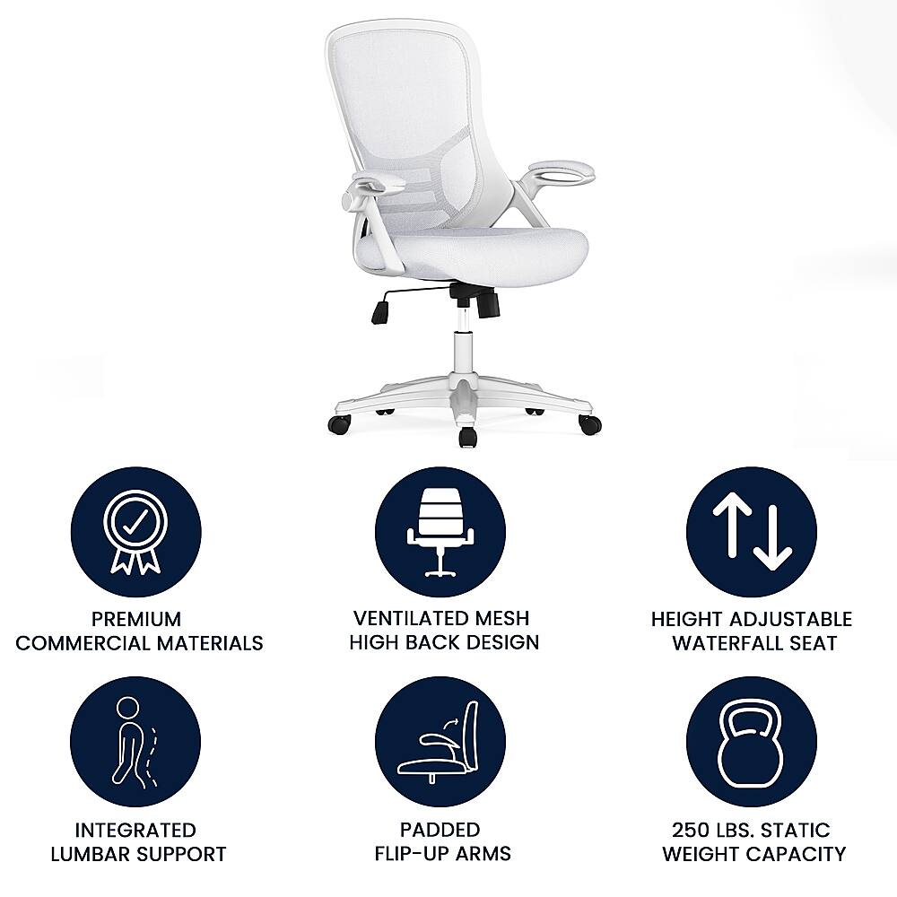 The image features a white chair with a variety of features and benefits. It is made of premium commercial materials, providing durability and a high-quality appearance. The chair has a ventilated mesh back design, which allows for better airflow and comfort. The chair also has a high back design, offering additional support and comfort. It is height adjustable, allowing users to customize their seating position to their preference. The chair also features an integrated lumbar support, which helps maintain proper posture and reduce strain on the lower back. Additionally, the chair has padded flip-up arms, providing extra comfort and support. The chair can support up to 250 lbs of static weight, making it suitable for heavy users. Overall, this chair offers a combination of comfort, support, and durability, making it an ideal choice for various settings.