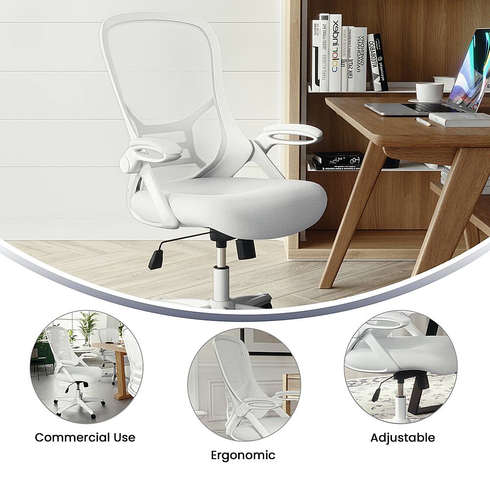 The image features a white office chair with a wooden desk and various books nearby. The chair is described as a commercial use, ergonomic, and adjustable chair. The desk has a laptop and a cup on it, indicating a workspace setup. The books are placed on the desk, suggesting that the person using this space may be engaged in research, learning, or work-related tasks. The chair's design and features cater to the needs of a modern office environment, providing comfort and functionality for the user.
