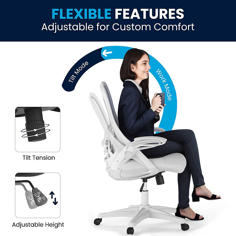 The image features a woman sitting on a white office chair with a blue background. The chair has a tilt function, allowing the user to adjust the angle of the chair for better comfort and support. The chair also has a tilt tension feature, which can be adjusted to provide the desired level of support and stability. Additionally, the chair is adjustable in height, providing custom comfort for the user. The woman is smiling, indicating that she is comfortable and satisfied with the chair's features.