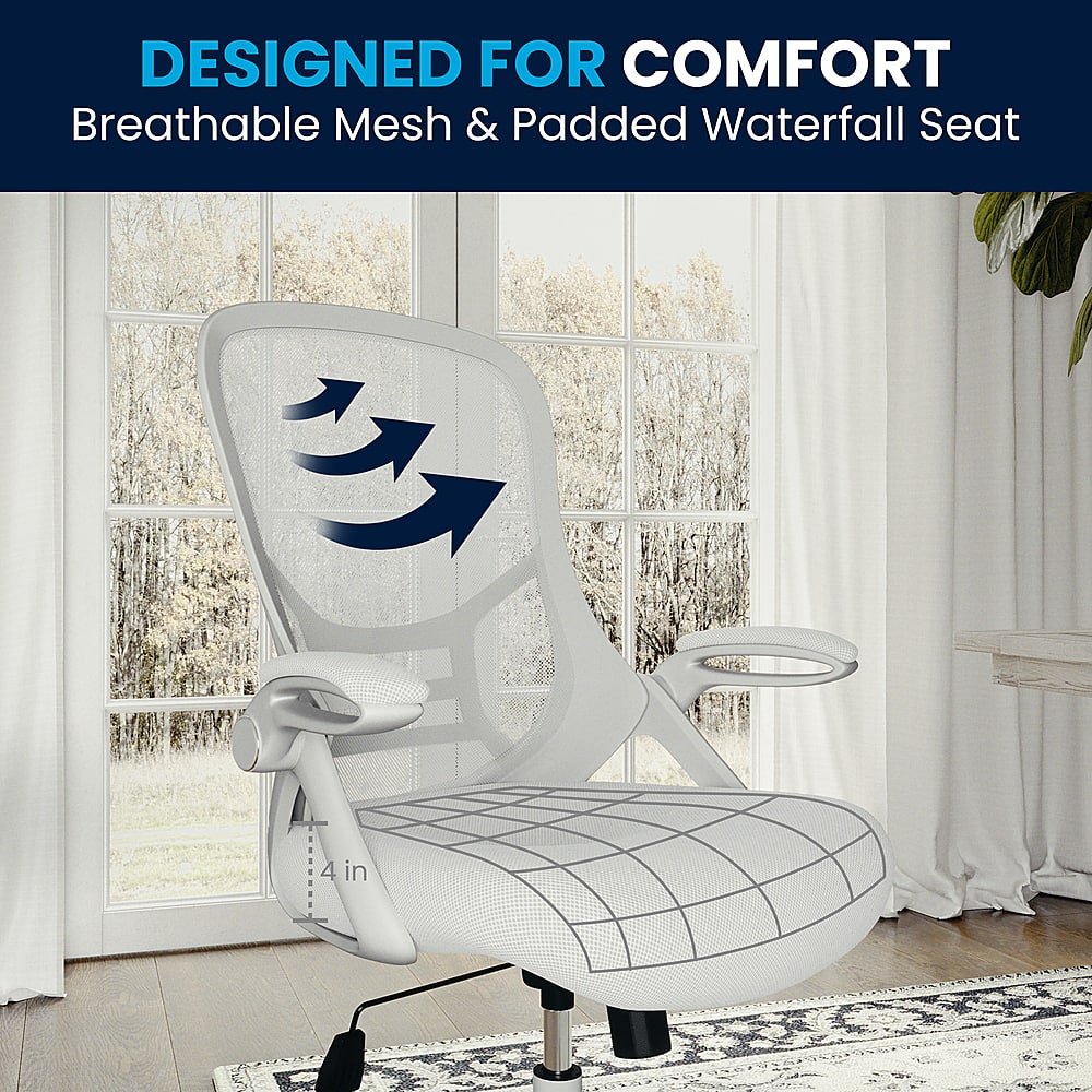 The image features a white chair with a breathable mesh and padded waterfall seat, designed for comfort. The chair is placed in front of a window, providing a pleasant view for the user. The design of the chair is intended to offer both style and functionality, making it an ideal choice for a comfortable seating experience.