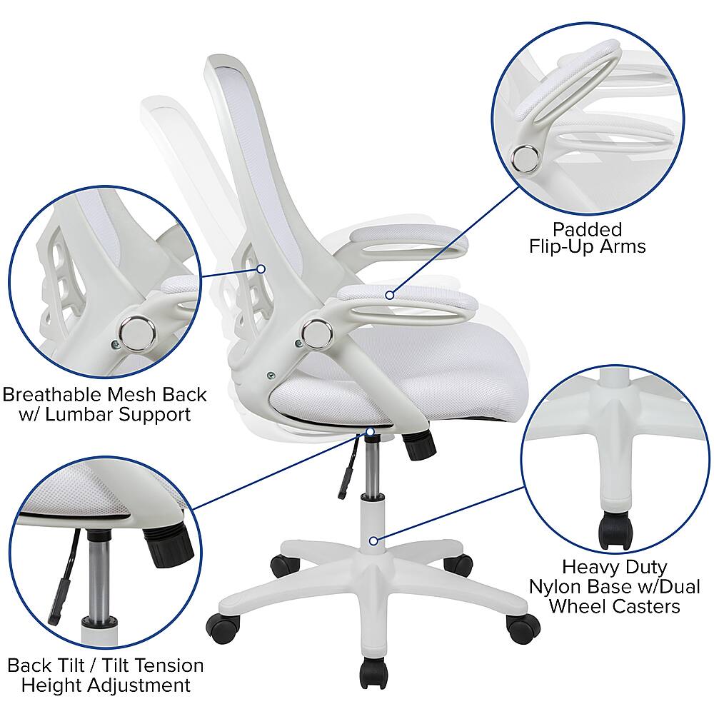 The image features a white office chair with a mesh back and lumbar support. The chair has padded flip-up arms and a heavy-duty nylon base with dual wheel casters. The chair also has a back tilt and tension height adjustment, making it a versatile and comfortable seating option for various users.