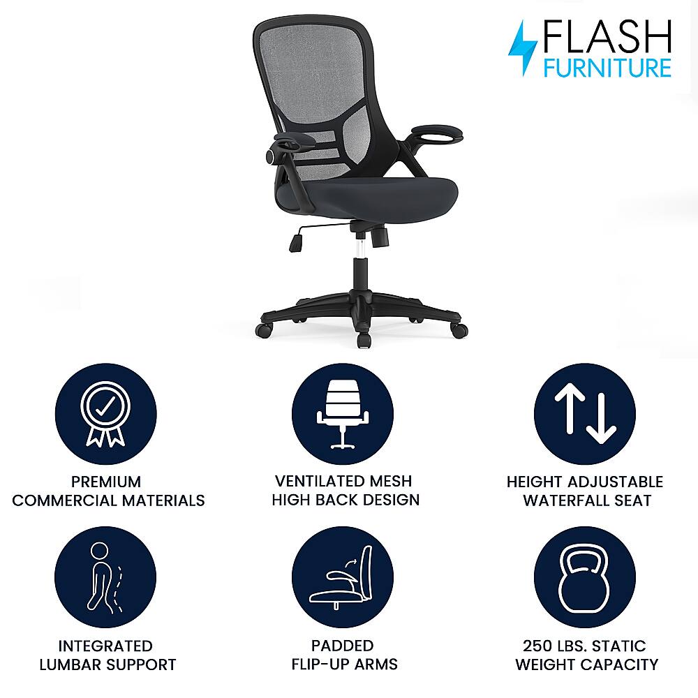 The text on the image is grouped and corrected as follows:
1. Premium Commercial Materials
2. Ventilated Mesh High Back Design
3. Height Adjustable Waterfall Seat
4. Integrated Lumbar Support
5. Padded Flip-Up Arms
6. 250 Lbs. Static Weight Capacity