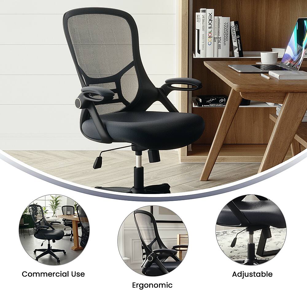 The image features a black office chair with an adjustable design, making it suitable for commercial use and ergonomic purposes. The chair is positioned in front of a wooden desk, which has a laptop and a cup on it. The desk also has several books arranged on it, indicating a workspace or study area. The chair is designed to provide comfort and support for the user, making it an ideal choice for both professional and personal use.