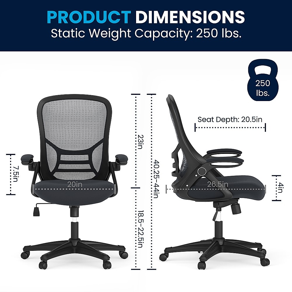 The image features two chairs, one on the left and one on the right, with their dimensions displayed. The static weight capacity for both chairs is 250 lbs. The seat depth for the chair on the left is 20.5 inches, while the chair on the right has a seat depth of 26.5 inches. The dimensions of the chairs are also shown, with the left chair being 7.5 inches tall and 20 inches wide, and the right chair being 7.5 inches tall and 23 inches wide. Additionally, the left chair has a seat depth of 18.5-22.5 inches, and the right chair has a seat depth of 40.25-44 inches.