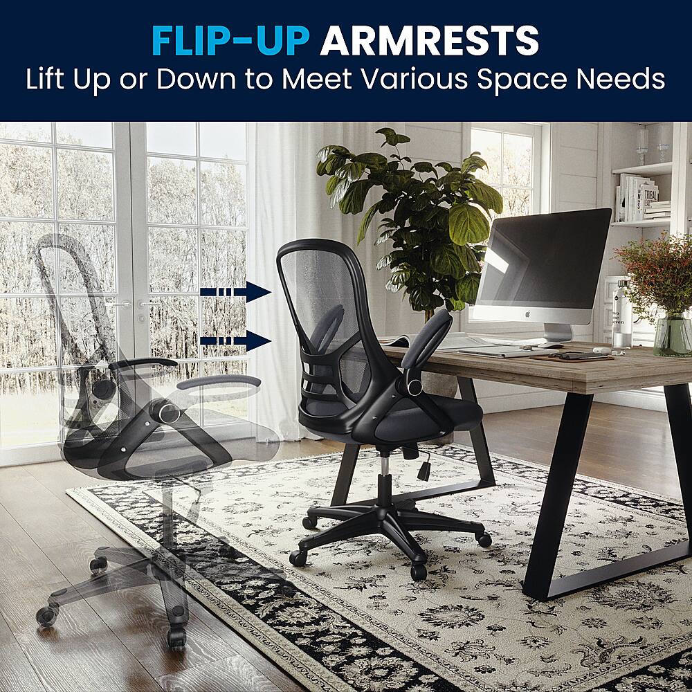 The image showcases a modern office space with a black chair and a desk. The chair has a flip-up armrest, which can be adjusted to meet various space needs. This feature allows for flexibility and comfort in the workspace, making it suitable for different users and situations. The chair is positioned in front of the desk, which has a computer monitor and a keyboard on it. The room also contains a potted plant and a vase, adding to the overall aesthetic and ambiance of the space.