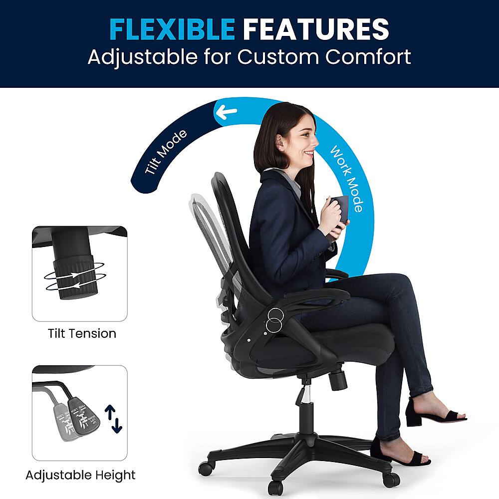 The image features a woman sitting in a black office chair with adjustable settings. The chair has a tilt function, allowing the user to adjust the angle of the seat for comfort. Additionally, the chair has a work mode, which may provide better support and ergonomics for the user during work-related tasks. The chair also offers adjustable height, enabling the user to customize the chair's height to their preference. The woman appears to be using a cell phone, possibly taking a break or multitasking while sitting in the chair.