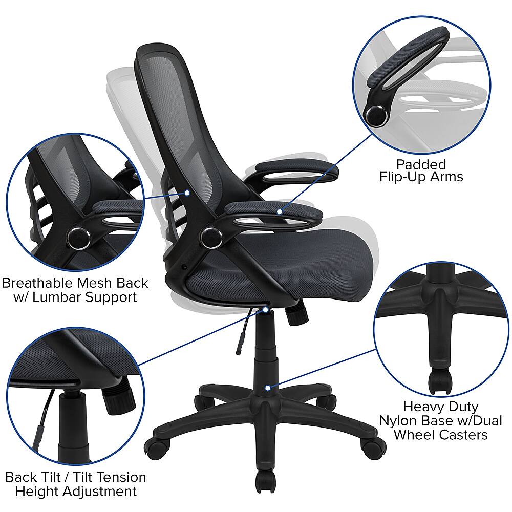 The image features a black office chair with various adjustments and features. It has a breathable mesh back with lumbar support, padded flip-up arms, and a heavy-duty nylon base with dual wheel casters. The chair also has a back tilt, tilt tension, and height adjustment options for added comfort and ergonomics.