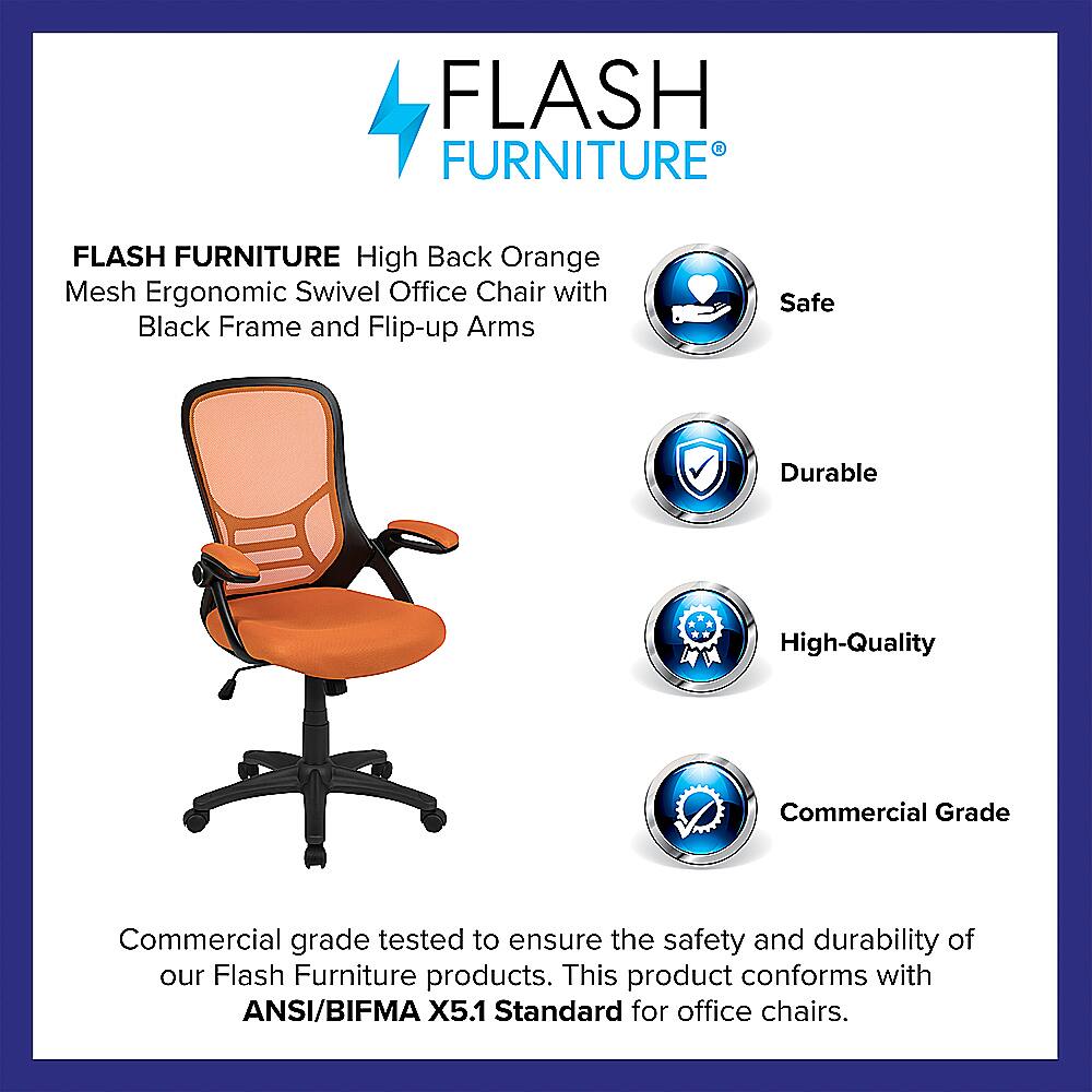 Flash Furniture is a high-quality, commercial-grade office chair that is designed to ensure safety and durability. The chair features a high back, ergonomic swivel design, and black frame with flip-up arms for added comfort and functionality. The mesh material provides a comfortable and breathable seating option, and the chair is tested to meet the ANSI/BIFMA X5.1 Standard for office chairs, ensuring that it meets the highest standards for safety and performance.