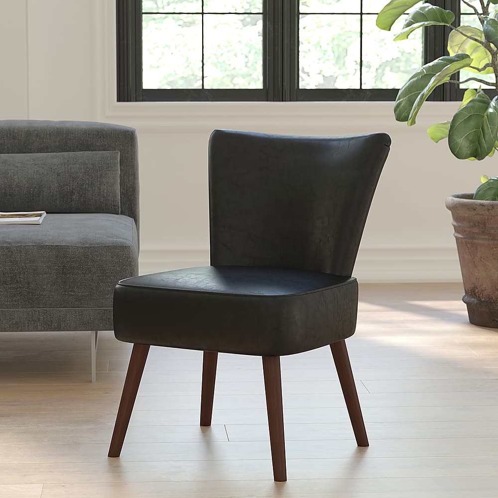 Alt View 13. Alamont Home - Hercules Holloway Midcentury Leather/Faux Leather Side Chair - Upholstered - Black LeatherSoft.