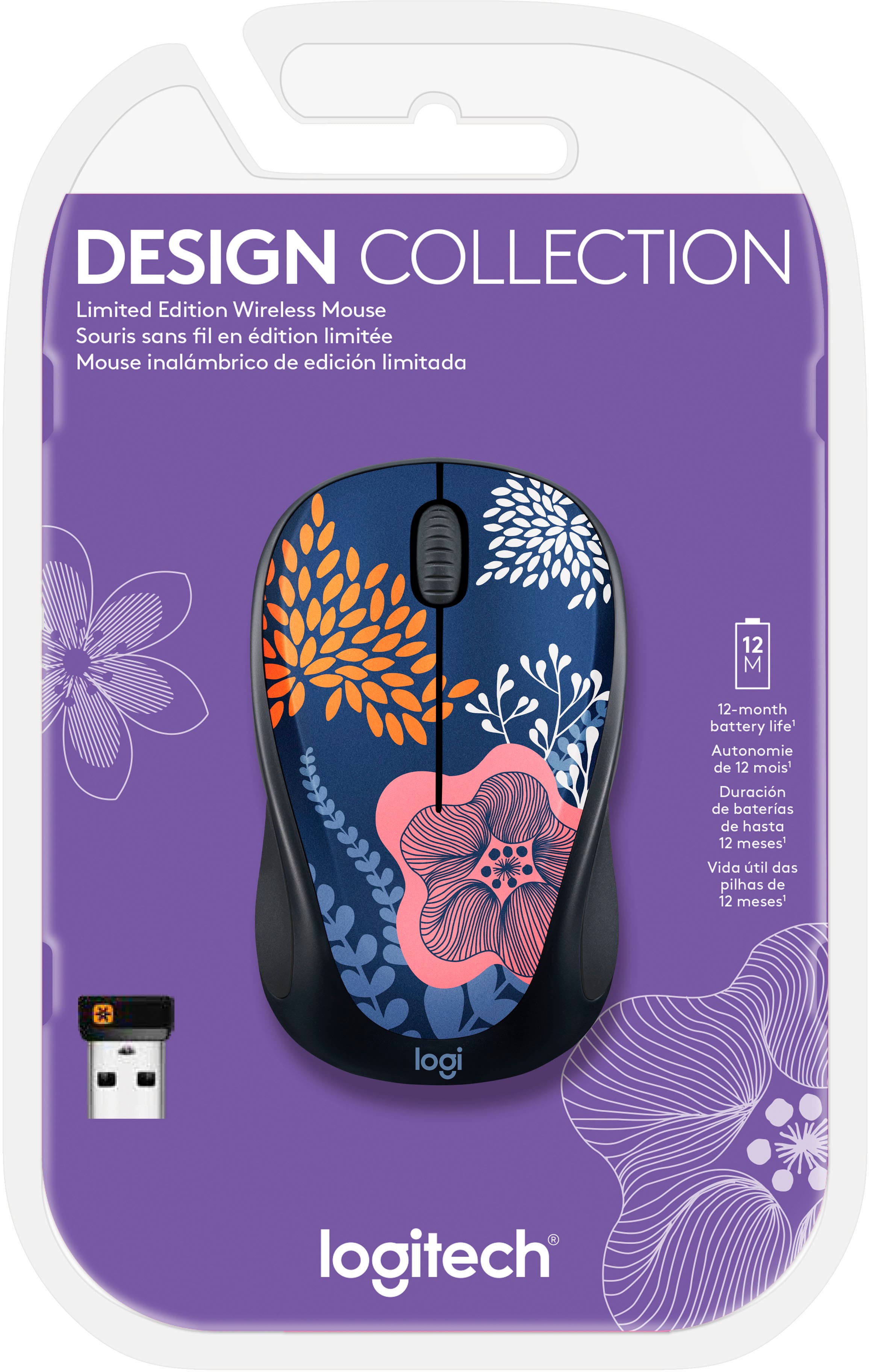 The image features a purple and black wireless mouse from the Logitech Design Collection. The mouse is designed with a floral pattern and has a 12-month battery life. The packaging includes a USB receiver, which is used to connect the mouse to a computer. The mouse is compatible with both Windows and Mac operating systems.