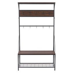 CorLiving Rowan Wood Grain and Metal Hall Tree Bench and Shoe Rack - Brown and Black - Front_Zoom