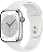 Apple Watch Series 8 GPS + Cellular 45mm Silver Aluminum Case with White Sport Band - S/M - White (AT&T) - Front_Zoom