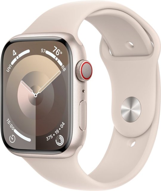 Front. Apple - Apple Watch Series 9 (GPS + Cellular) 45mm Starlight Aluminum Case with Starlight Sport Band with Blood Oxygen - S/M - Starlight.