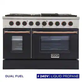 Kucht - 48" Dual Fuel Range for LP, SS/Black Door, Black Knobs, Rose Gold Handle & Rings, 2 Ovens (1 Convection) - Black & Rose Gold