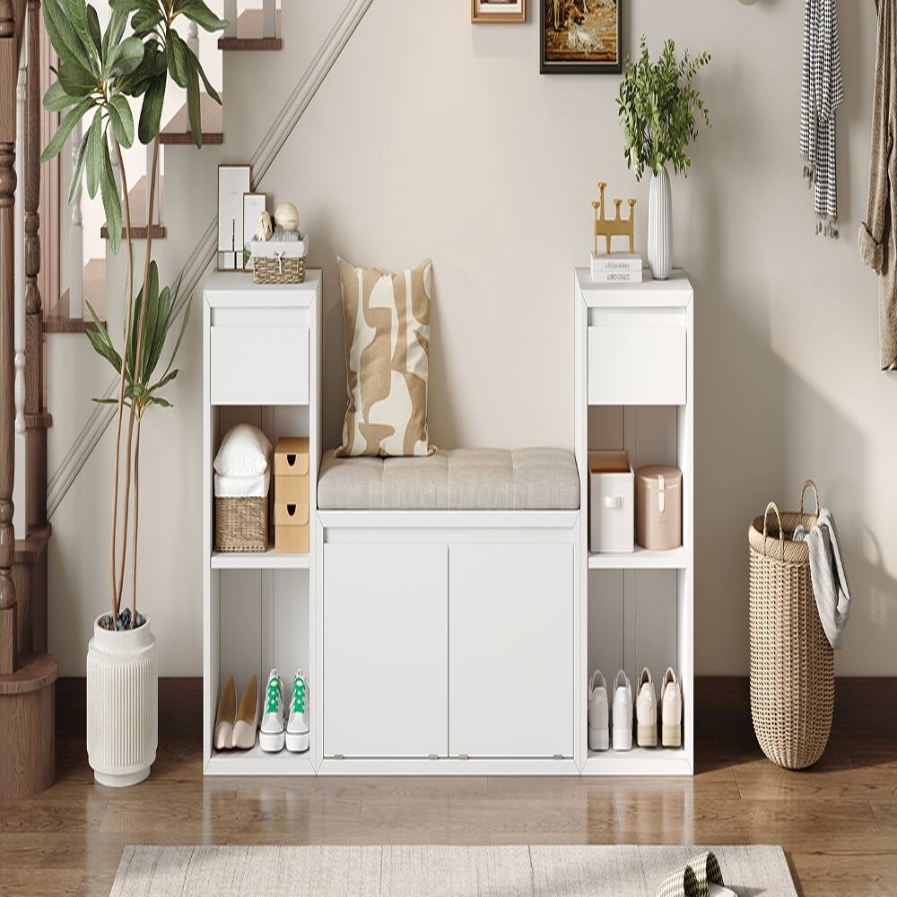 Back. Ropilly - Ropilly White Entryway Storage Bench with Cushion Drawers and Open Shoe Shelves - White.