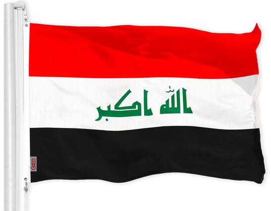 Front. G128 - Iraq (Iraqi) Flag 3x5 ft, 150D Polyester, Dye-Sublimated Colors, Brass Grommets - Assorted Colors.